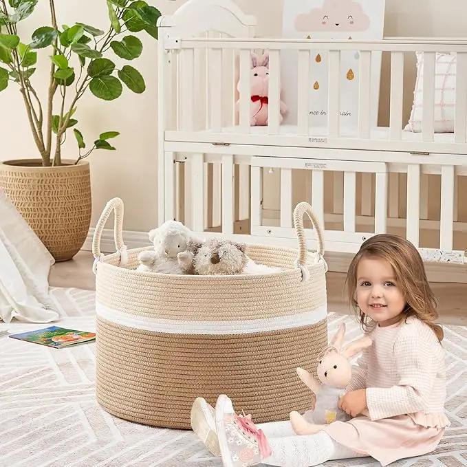 KAKAMAY Large Blanket Basket (20"x13"),Woven Baskets for storage Baby Laundry Hamper, Cotton Rope Blanket Basket for Living Room, Laundry, Nursery, Pillows, Baby Toy chest (White and Brown) by GreenHaven Gardens