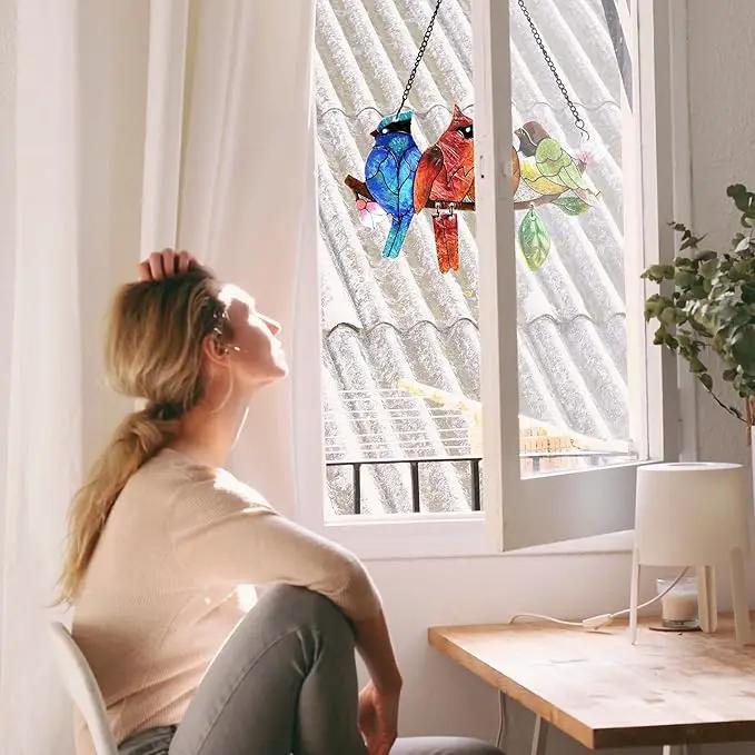 Stained Glass Window Hanging - Hummingbird on Branch Suncatcher Hand-Painted Double Side Stain Glass Cardinal Gifts Sun Catcher for Windows Doors Room Outdoor Home Decoration by GreenHaven Gardens