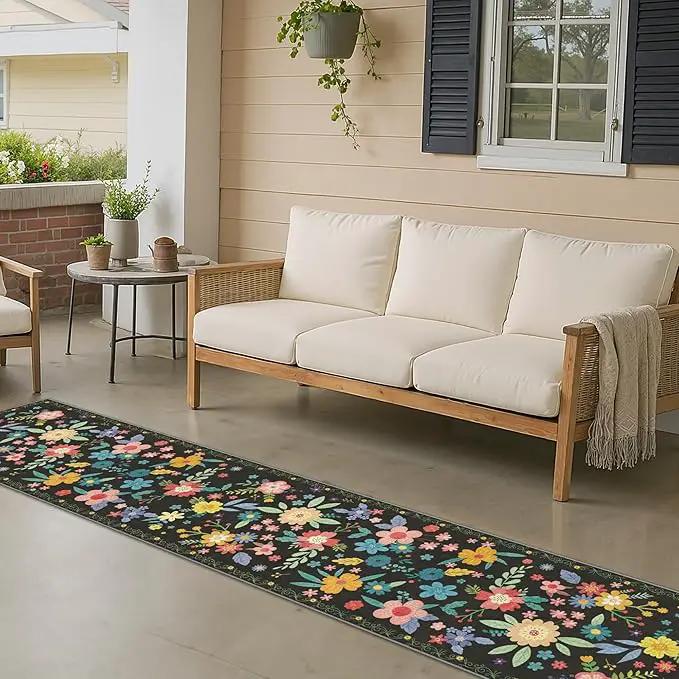 GENIMO Indoor Outdoor Area Rug 2' X 10' Waterproof, Washable Runner Rug Non Shedding, Easy Cleaning Floral Outdoor Carpet for Patio, Living Room, Bedroom, Entryway, Porch, Dining Room, Black by GreenHaven Gardens