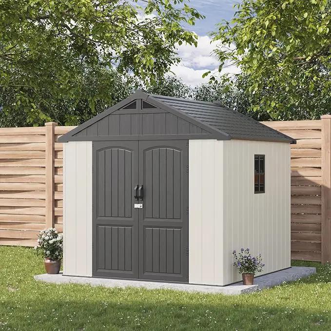 Patiowell 8 x 8 FT Plastic Outdoor Storage Shed with Floor, Resin Shed with Window and Lockable Door for Garden, Backyard, Tool Storage Use, Easy to Install in Beige (Kick-it Shed) by GreenHaven Gardens