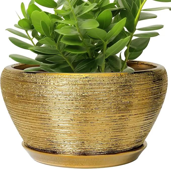 Ceramic Planter 11 Inch - Indoor Plant Pot with Drainage Hole and Saucer Large Planter for Outdoor Plants Mid-Century Decorative Flower Pot for Home Decor Gold by GreenHaven Gardens