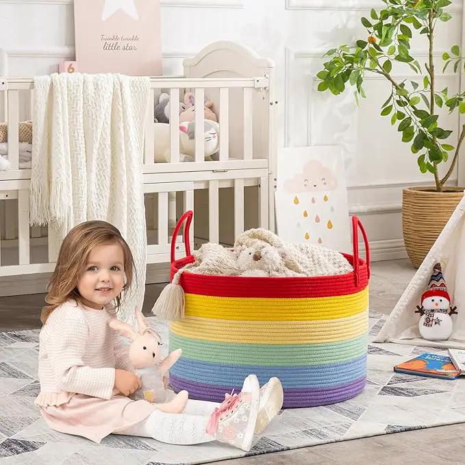 KAKAMAY Large Blanket Basket (20"x13"),Woven Baskets for storage Baby Laundry Hamper, Cotton Rope Blanket Basket for Living Room, Laundry, Nursery, Pillows, Baby Toy chest (Rainbow) by GreenHaven Gardens