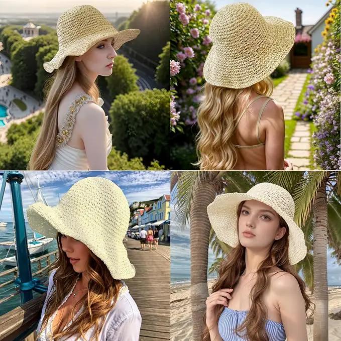 Womens Straw Beach Sun Hats, Foldable Packable Floppy Handmade Crochet Hats for Women,Large Summer Vacation Wide Brim Hat by GreenHaven Gardens