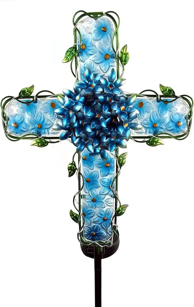 Solar Cross Garden Lights Outdoor Decorative - Solar Metal&Glass Cross Blue Hydrangea Flower Stake Lights- Waterproof 20 Warm White LED for Remembrance Gifts by GreenHaven Gardens