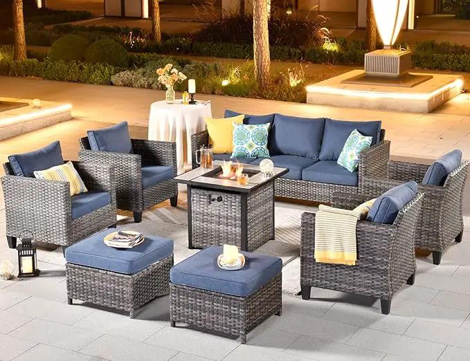 ovios 8 Pieces Patio Furniture Set with 30" Fire Pit Table, Outdoor Wicker Sofa with Comfy Cushions, All Weather High Back Rattan Couch Conversation Set, Denim Blue by GreenHaven Gardens