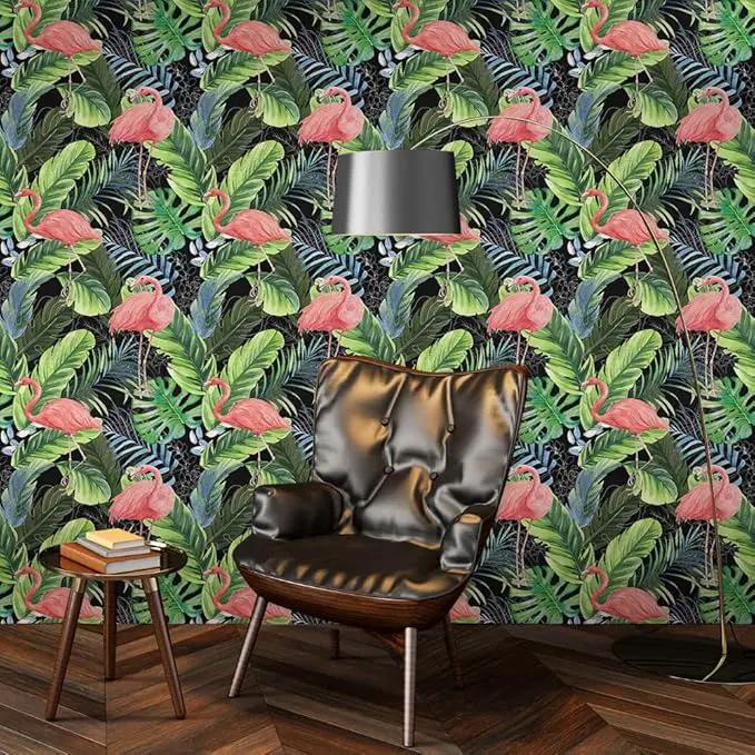 Hawaii Tropical Flamingo Palm Tree Peel and Stick Wallpaper Self Adhesive Removable Easy Peel Off Stick on Wall Paper for Bedroom Cabinet Renter by GreenHaven Gardens