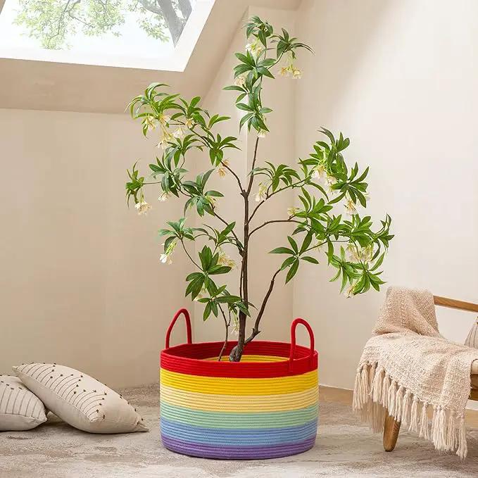 KAKAMAY Large Blanket Basket (20"x13"),Woven Baskets for storage Baby Laundry Hamper, Cotton Rope Blanket Basket for Living Room, Laundry, Nursery, Pillows, Baby Toy chest (Rainbow) by GreenHaven Gardens