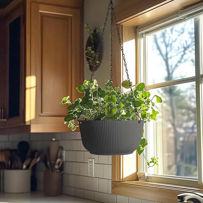 T4U 12 Inch Large Hanging Planters for Outdoor Plants, 2 Pack Self Watering Hanging Pots Indoor, Hanging Baskets for Plants,Hanging Flower Pot with Drainage Hole and Plant Hanger, Grey by GreenHaven Gardens