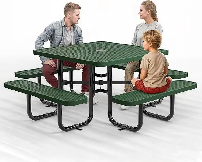 Metal Picnic Tables for Outdoors with Umbrella Hole - Coated Steel Heavy Duty Commercial Grade Table with Adjustable Seats (Green, 46 in, Square, Punched Steel) by GreenHaven Gardens