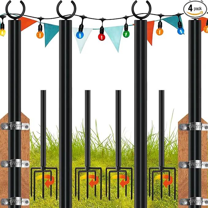 LAND·VOI 4 Pack String Light Poles, 9FT Heavy Duty Metal Light Poles for Outside String Lights, Outdoor light poles with 5 Prong Fork, Light Pole Stand for Patio, Backyard, Garden, Deck, Black FLP14B by GreenHaven Gardens