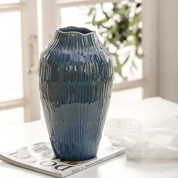 Blue Ceramic Vase for Home Decor,11.6 Inch Flower Vase，Decorative Vases for Pampas Grass，Modern Art Texture Vases for Home Entryway Living Room Dining Table Farmhouse Office Decor-Blue by GreenHaven Gardens