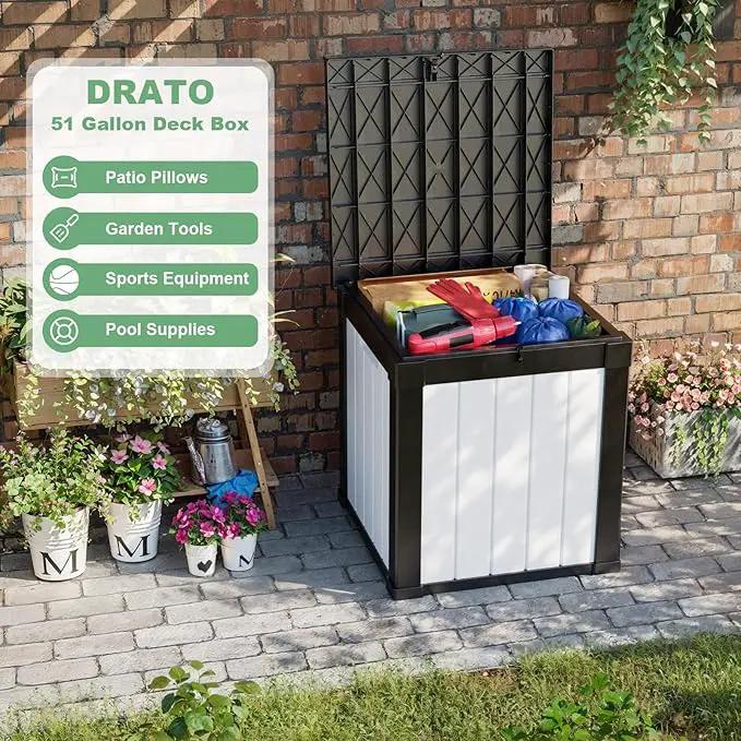 DRATO 50 Gallon Deck Box, Outdoor Storage Box for Patio Cushion, Sports Equipment, Garden Tools, Waterproof Patio Storage box, Lockable (Black and White) by GreenHaven Gardens