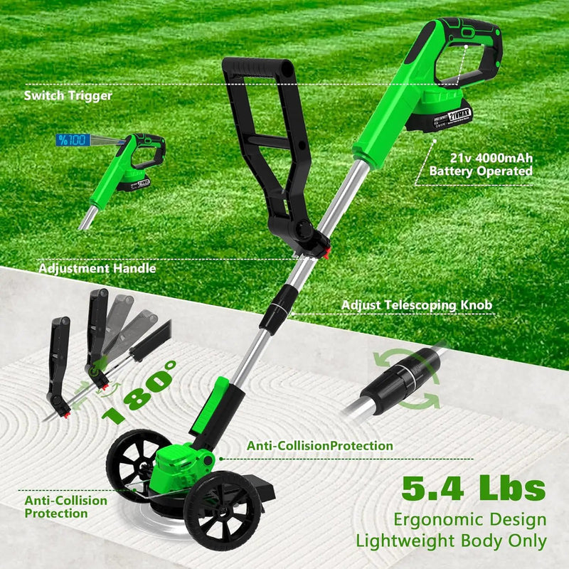 Electric Weed Wacker Eater Cordless Battery Powered, Weed Trimmer 21V Lightweight No-String with 2 Battery Operated & Wheels, 3 in 1 Stringless Grass Trimmer/Edger/Brush Cutter for Garden Yard Lawn by GreenHaven Gardens