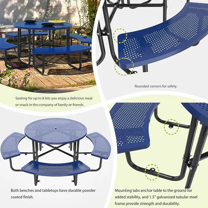 46'' Steel Round Picnic Table for Outdoors, Expanded, Lifetime Picnic Table with Umbrella Hole, Heavy Duty Sturdy Commercial Picnic Tables for Garden Courtyard BBQ, Blue by GreenHaven Gardens
