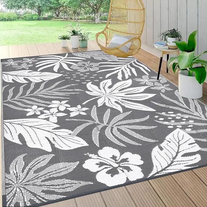 Pauwer Waterproof Outdoor Rug 6x9, Reversible Plastic Straw Patio Camping Rug, Indoor Outdoor RV Mat Carpet for Deck, Camper, Porch, Balcony, Backyard, Picnic, Floral Grey by GreenHaven Gardens