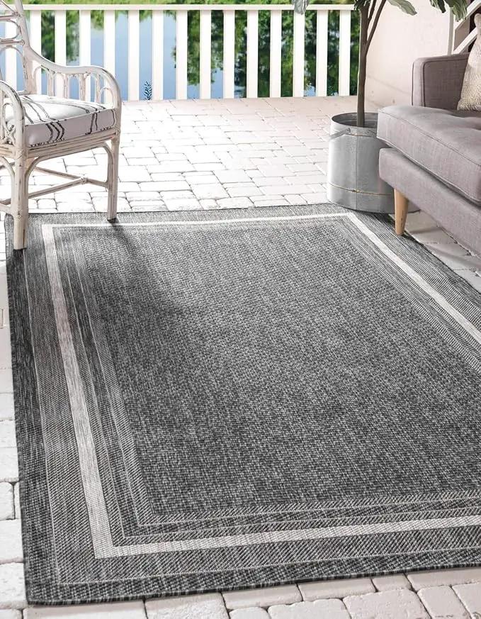 Unique Loom Outdoor Border Collection Area Rug - Soft Border (8' x 11' 4" Rectangle Black/Ivory) by GreenHaven Gardens