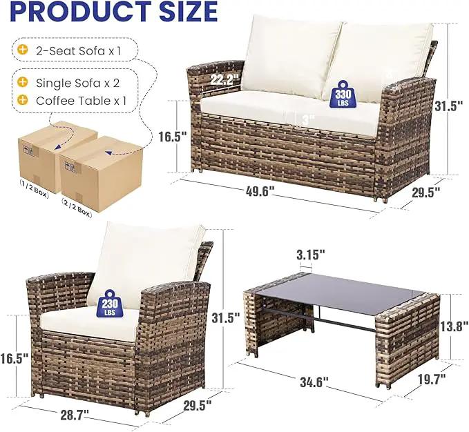 4 Piece Outdoor Patio Furniture Set,Wicker Conversation Sets Outdoor Sectional Patio Sofa Couch with Cushions & Coffee Table for Outside, Garden, Balcony, Porch,Yellow/Beige by GreenHaven Gardens