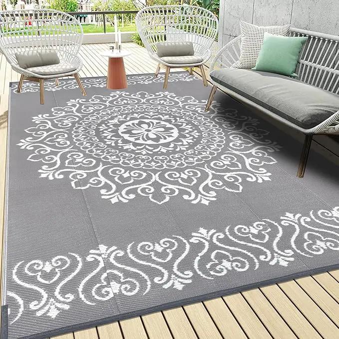 Pauwer Waterproof Outdoor Rug 6x9, Reversible Plastic Straw Patio Camping Rug, Indoor Outdoor RV Mat Carpet for Deck, Camper, Porch, Balcony, Backyard, Picnic, Floral Grey by GreenHaven Gardens