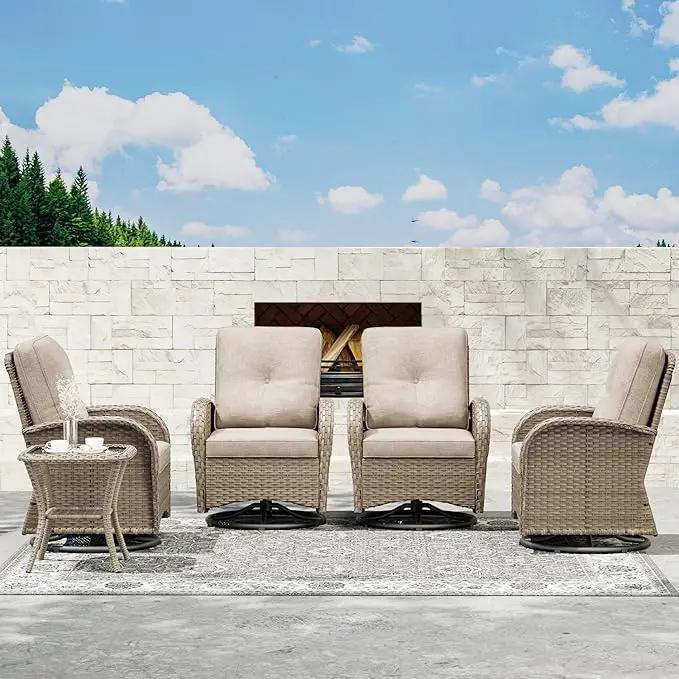 Joyside Outdoor Swivel Rocker Chairs, 6 Piece Wicker Patio Set with Thick Cushion and Side Table, Rattan Patio Swivel Rocking Chairs for Porch, Deck Use (Natural/Beige, 6 PCS) by GreenHaven Gardens