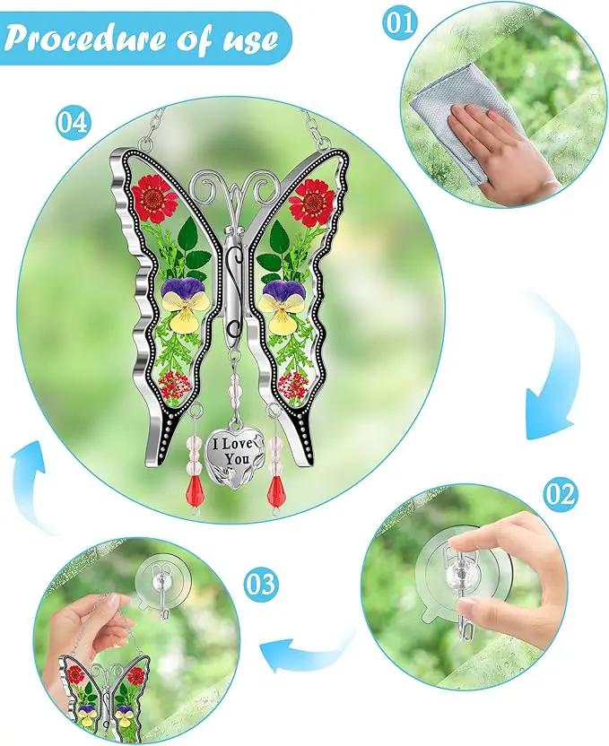 KY&BOSAM Butterfly Suncatcher I Love You Gifts for Mom for Windows Hangings Wind Chimes Pressed Flower Between Wings with Metal Heart Charm Birthday Gifts for Women Mother's Day Valentine's Christmas by GreenHaven Gardens