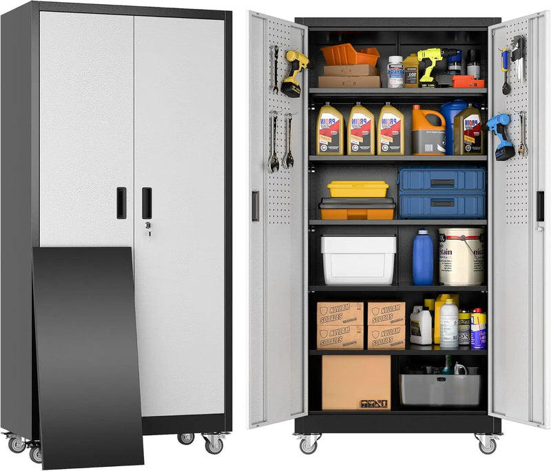 Upgraded Wide & Deep Metal Garage Storage Cabinet with Wheels & Pegboard, Lockable Metal Storage Cabinets with 2 Doors&5 Adjustable Shelves for Garage&Home,Assembly Required,Black Gray by GreenHaven Gardens