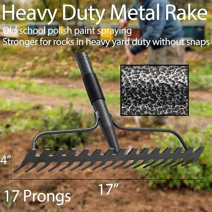Bow Rakes for Lawns, 17 Prongs 17" Wide Heavy Duty Metal Garden Rake Long Handle 50", Adjustable Rock Yard Thatch Rake for Leaves Gardening Loosening Soil Mulch Gathering Leaf by GreenHaven Gardens