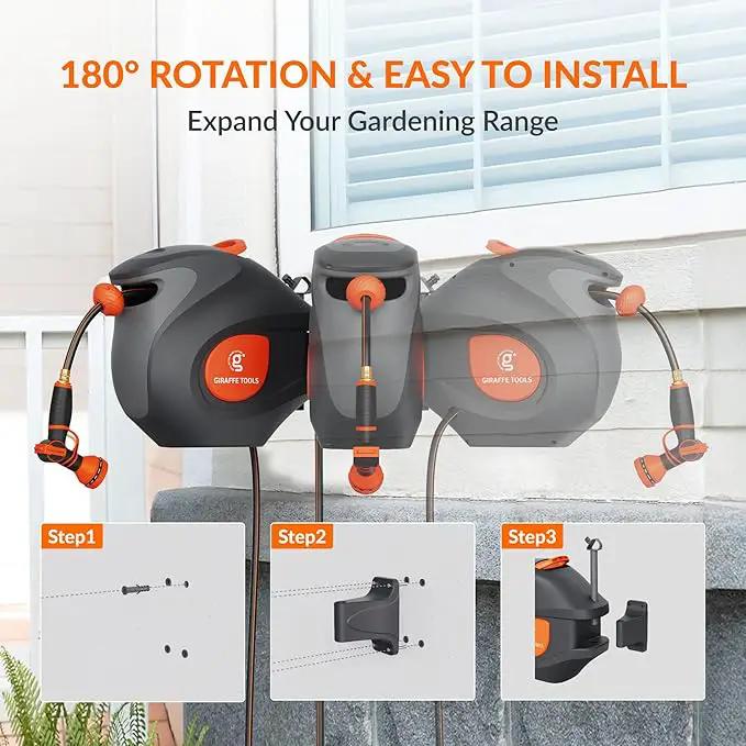 Giraffe Tools BW35 Retractable Garden Hose Reel | Wall-Mounted, Automatic Rewind, 100ft 1/2" Hose with 9-Pattern Spray Nozzle | Outdoor, Lawn, Garden & Car Cleaning Use by GreenHaven Gardens