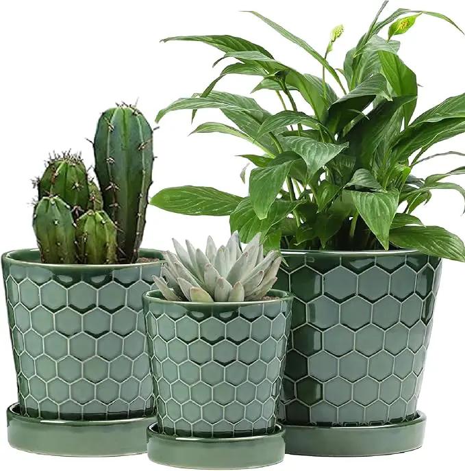 Ceramic Plant Pots,4+5+6 Inch Pots for Indoor Plants,Planters with Drainage Holes and Ceramic Tray, Indoor Flower Pots Gardening Home Desktop Office Windowsill Decoration Gift,Set of 3 (Patina) by GreenHaven Gardens
