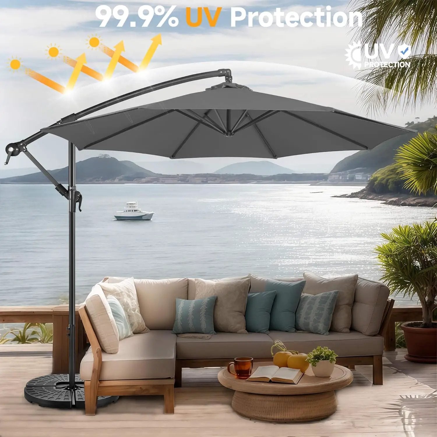 FLAME&SHADE 10ft Cantilever Patio Umbrella Outdoor, Large Offset Umbrella with Crank and Cross Base, UPF 50+ UV Protection Hanging Umbrella for Pool Deck Garden, Anthracite by GreenHaven Gardens