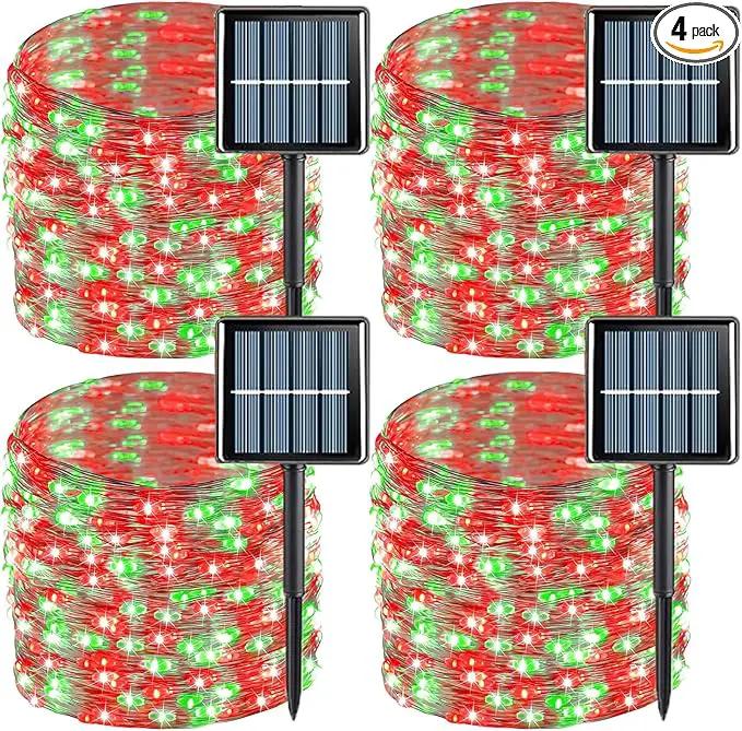 YEGUO Solar Fairy Lights Outdoor Waterproof, 4 Pack Each 33ft 100 LED String Lights, 8 Modes Silver Wire(Green and Red) by GreenHaven Gardens