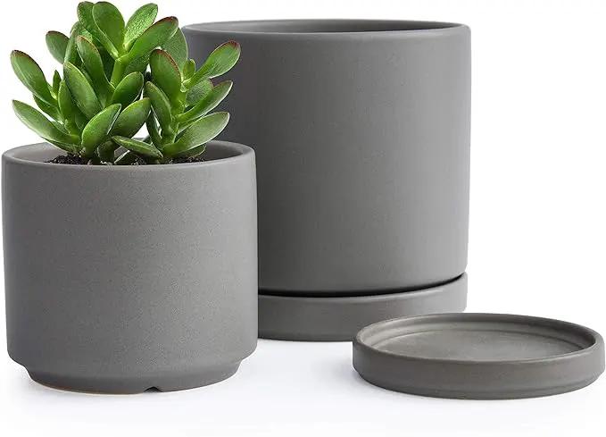 D'vine Dev 4.6 Inch & 6 Inch Ceramic Planter Pots for Plants with Drainage Hole and Saucer, Small Plant Pots Set, Speckled Grey, 94-G-S-3 by GreenHaven Gardens