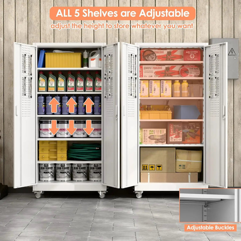 71" H×32" W×16" D Garage Storage Cabinet with Wheels, Locking Metal Storage Cabinet with 5 Adjustable Shelves, 4 Hooks and Pegboard for Garage, Home Office, Kitchen, Assembly Required, White by GreenHaven Gardens