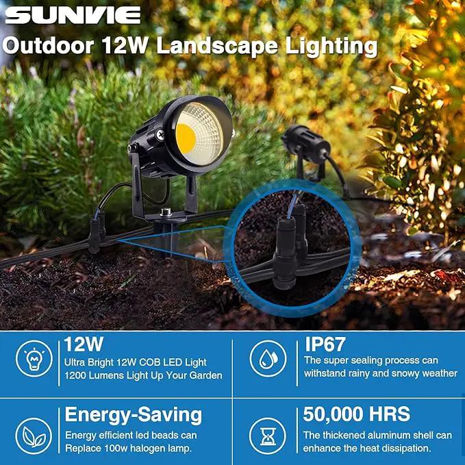 SUNVIE 12W LED Low Voltage Landscape Lights, Outdoor 12V 3000K Warm White (900LM) Waterproof Garden Pathway Lights Wall Tree Flag Spotlights with Spike Stand, 2 Pack with Connector by GreenHaven Gardens
