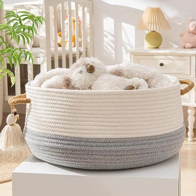 KAKAMAY Woven Baskets for Storage(16"x8"),Blanket Basket for Organizing Living Room,Cotton Rope Basket Woven Baby Laundry Hamper,Collapsible Laundry Room Organization,Clothes,Toy Chest(Grey) by GreenHaven Gardens