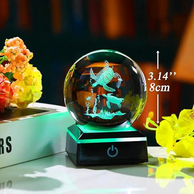 Qianwei Sea Turtle Gifts for Women 3D Crystal Ball 3.14'' - Laser Sea Turtle Decor Glass Animals Turtle Figurines Statue Stuff for Room Decorations Turtles Night Light by GreenHaven Gardens