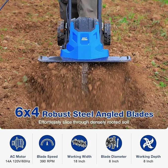 BILT HARD 14-Amp 18-Inch Electric Tiller Cultivator, 8'' Tilling Depth Corded Garden Rototiller, 6 Steel Front Tines Roto Tillers with Adjustable Wheels & Foldable Handle for Garden Lawn Soil Digging by GreenHaven Gardens