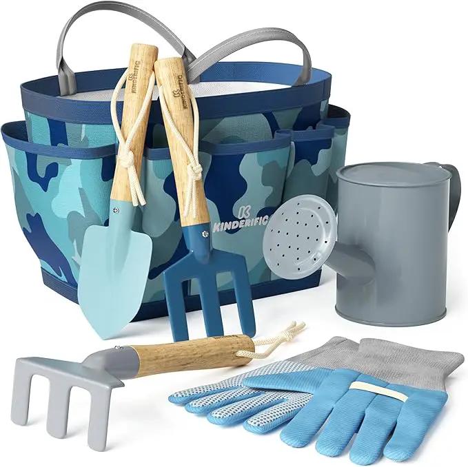 Gardening Set, Tool Kit, for Kids, STEM, Includes Tote Bag, Spade, Watering Can, Rake, Fork, Trowel and Gloves (Camo Quest) by GreenHaven Gardens