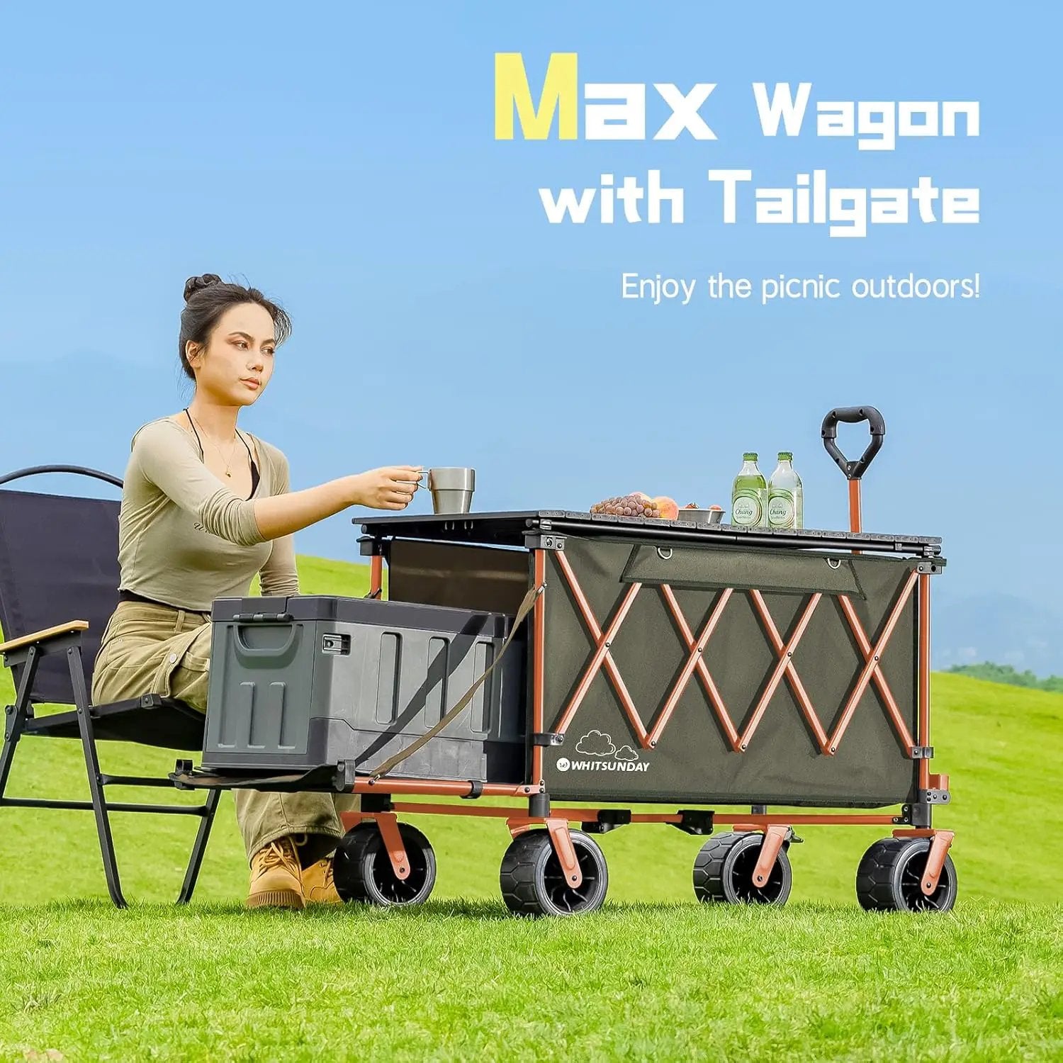 Whitsunday Collapsible Folding Wagon with Table, Heavy Duty Utility Beach Wagons with Opened Tailgate and All-Terrain Wheels for Camping,Garden,Sports (Max Orange) by GreenHaven Gardens
