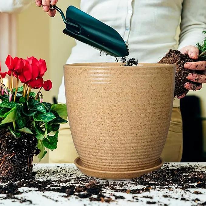 Ceramic Plant Pot 12 Inch - Large Planter for Indoor Plants Outdoor Flower Pot with Drainage Hole and Saucer Round Decorative Planter for Home Patio Garden Balcony Yellow by GreenHaven Gardens