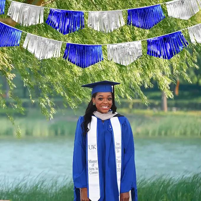Royal Blue Silver Tassel Banner Metallic Fabric Pennant Bunting Flag for Graduation Birthday Retirement Bachelorette Engagement Wedding Bridal Shower Navy Nautical Ahoy Achor Party Decoration Supplies by GreenHaven Gardens