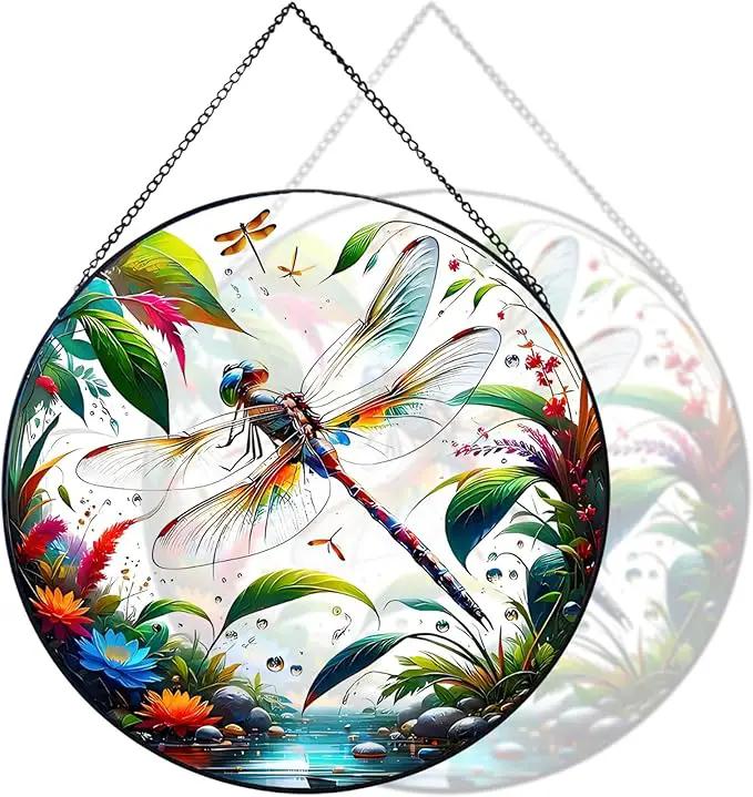 RIVEENY Stained Glass Window Hangings, 8" Stained Glass Decorations, Dragonfly Suncatcher for Indoor Garden Window Home Decor Dragonfly Gifts for Grandma,Mom by GreenHaven Gardens