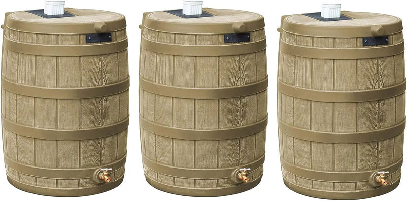 Good Ideas Rain Wizard 50 Gallon Plastic Outdoor Home Rain Barrel Water Storage Collector with Brass Spigot and Flat Back Design, Khaki (3 Pack) by GreenHaven Gardens