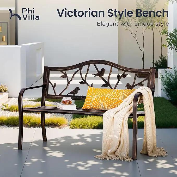 PHI VILLA Outdoor Garden Park Bench Patio 50" Metal Bench, Steel Frame Bench with Backrest and Armrests for Porch, Lawn, Balcony, Backyard and Indoor, Bronze by GreenHaven Gardens