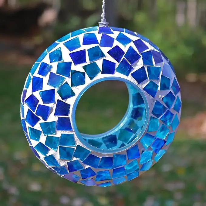 Sunnydaze 6-Inch Glass Mosaic Hanging Bird Feeder for Outdoors - Fly-Through Wild Bird Feeder - Blue Mosaic by GreenHaven Gardens