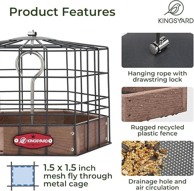 Kingsyard Squirrel Proof Platform Bird Feeders for Outdoor Hanging, Caged Bird Feeder for Small Wildbirds Finches, Recycled Plastic Feeding Platform with Metal Seed Tray, Brown by GreenHaven Gardens