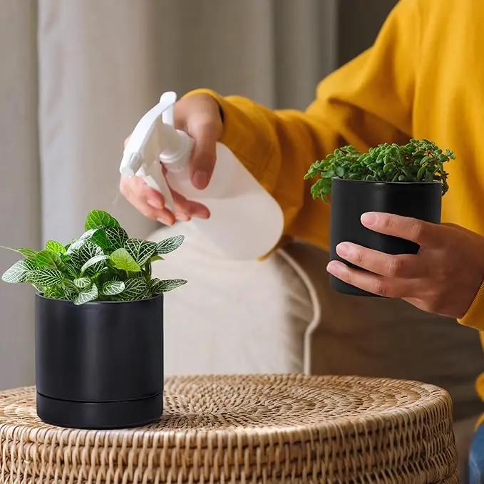 D'vine Dev 3.5 Inch & 4.7 Inch Ceramic Planter Pots for Plants with Drainage Hole and Saucer, X-Small Plant Pots Set, Black, 94-G-XS-2 by GreenHaven Gardens