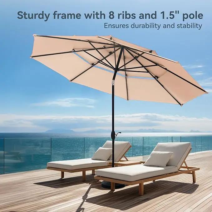 PHI VILLA 10ft Patio Umbrellas, Outdoor 3 Tier Vented Large Market Table Umbrella with 8 Sturdy Ribs and 1.5" Umbrellla Pole for Lawn Poolside Garden Terrace, Beige(No Base) by GreenHaven Gardens