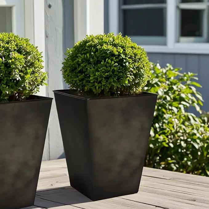 Worth Garden Large Metal Glazed Floor Planter Set of 2-14" Dia x 18" H - Luxurious Glossy Finish Black Tall Square Tapered Steel Plant Pots, Decor Flower Pot Indoor & Outdoor, Drainage Hole by GreenHaven Gardens