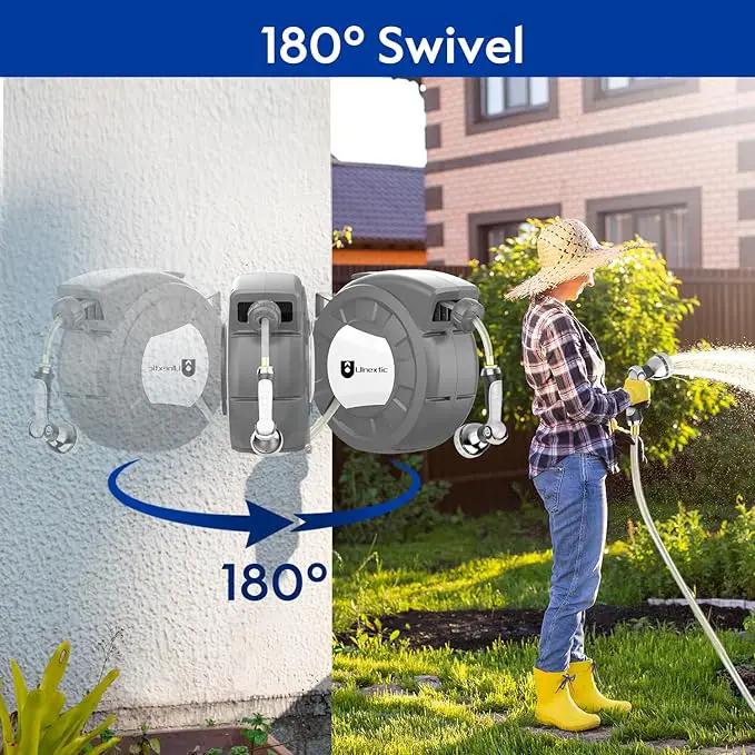 Retractable Garden Hose Reel,1/2 in x 50 ft Wall Mounted Hose Reel,10-Pattern Spray Nozzle, Any Length Lock/Slow Return System/Wall Mounted/180°Swivel Bracket by GreenHaven Gardens