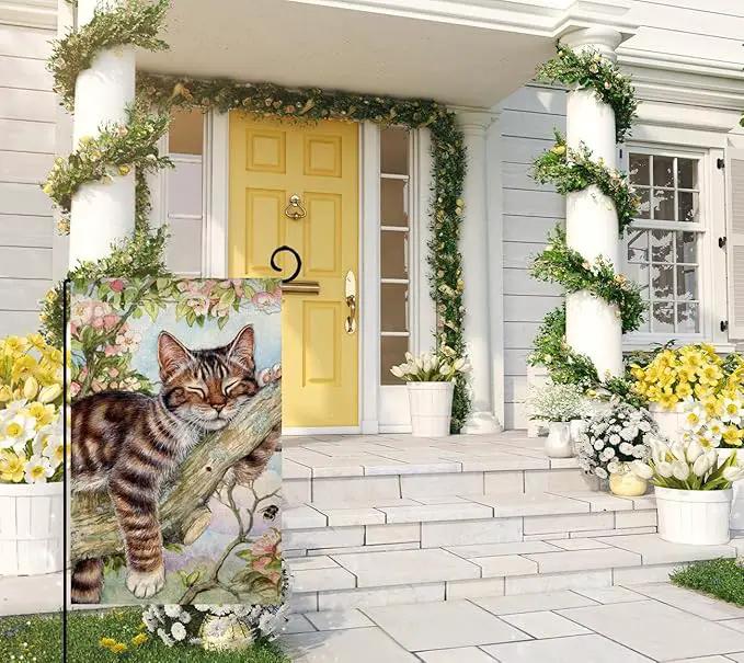 BLKWHT Spring Cat Garden Flag 12x18 Vertical Double Sided Pink Floral Farmhouse Holiday Outside Decorations Burlap Yard Flag BW573 by GreenHaven Gardens